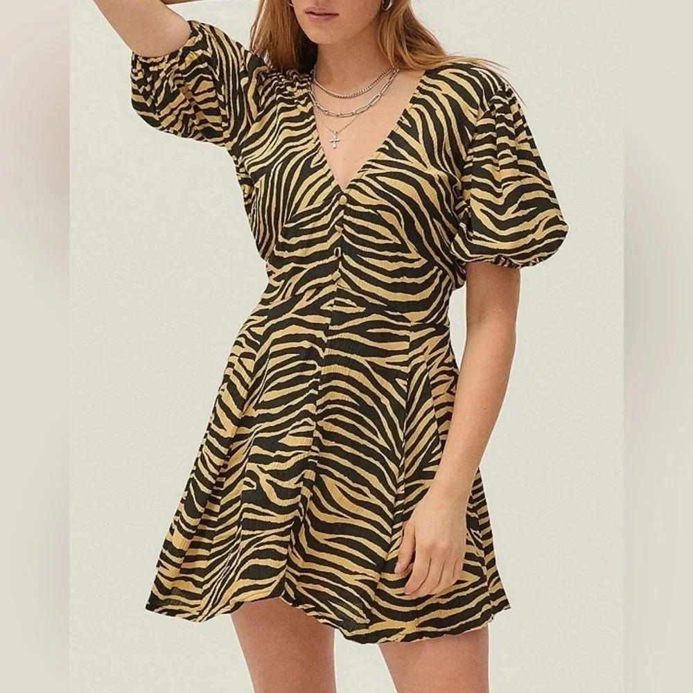 NWT Faithfull The Brand Ilia Yellow Amara Zebra Print Puff Sleeve Mini Dress S